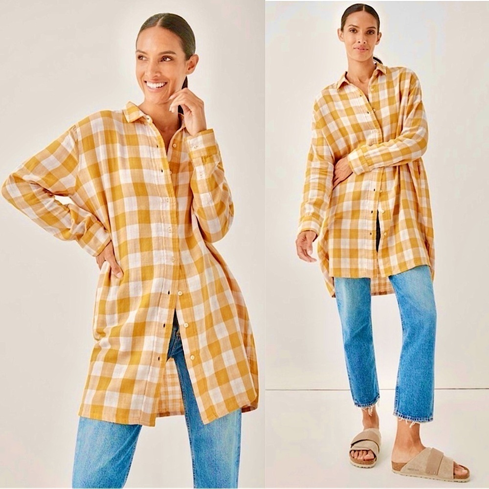 PACT 90s Organic Cotton Gingham Plaid Long Sleeve Button Up Tunic Shirtdress‎ XS